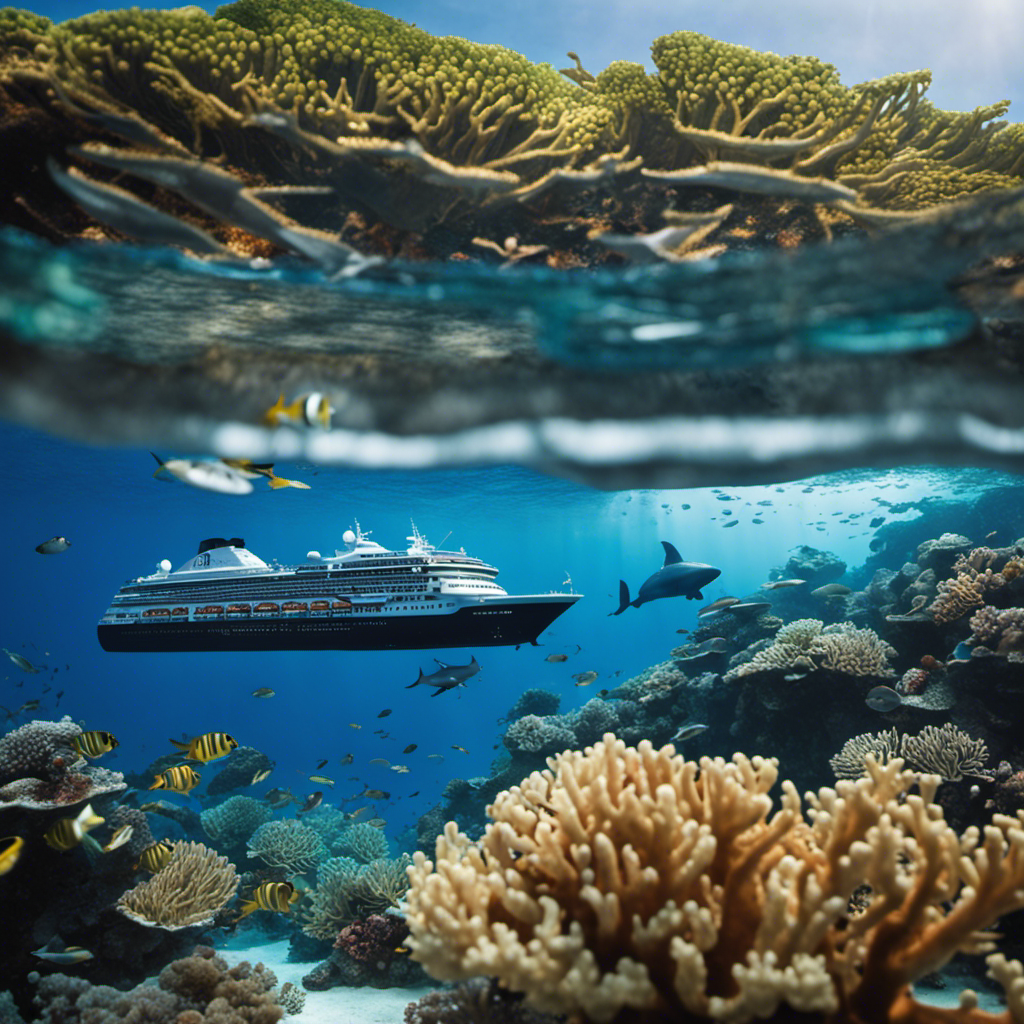 An image showcasing the Sylvia Earle Cruise Ship, surrounded by breathtaking marine wildlife, as passengers immerse themselves in unforgettable expedition experiences, exploring vibrant coral reefs, majestic whales, and stunning underwater landscapes