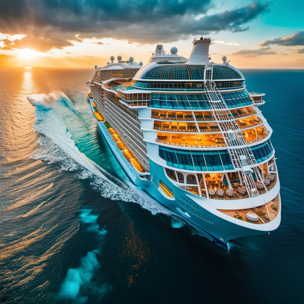 the grandeur of Symphony of the Seas: A breathtaking aerial view of the colossal ship gliding through crystal-clear turquoise waters, surrounded by vibrant tropical islands, with the sun casting a golden glow upon its magnificent exterior