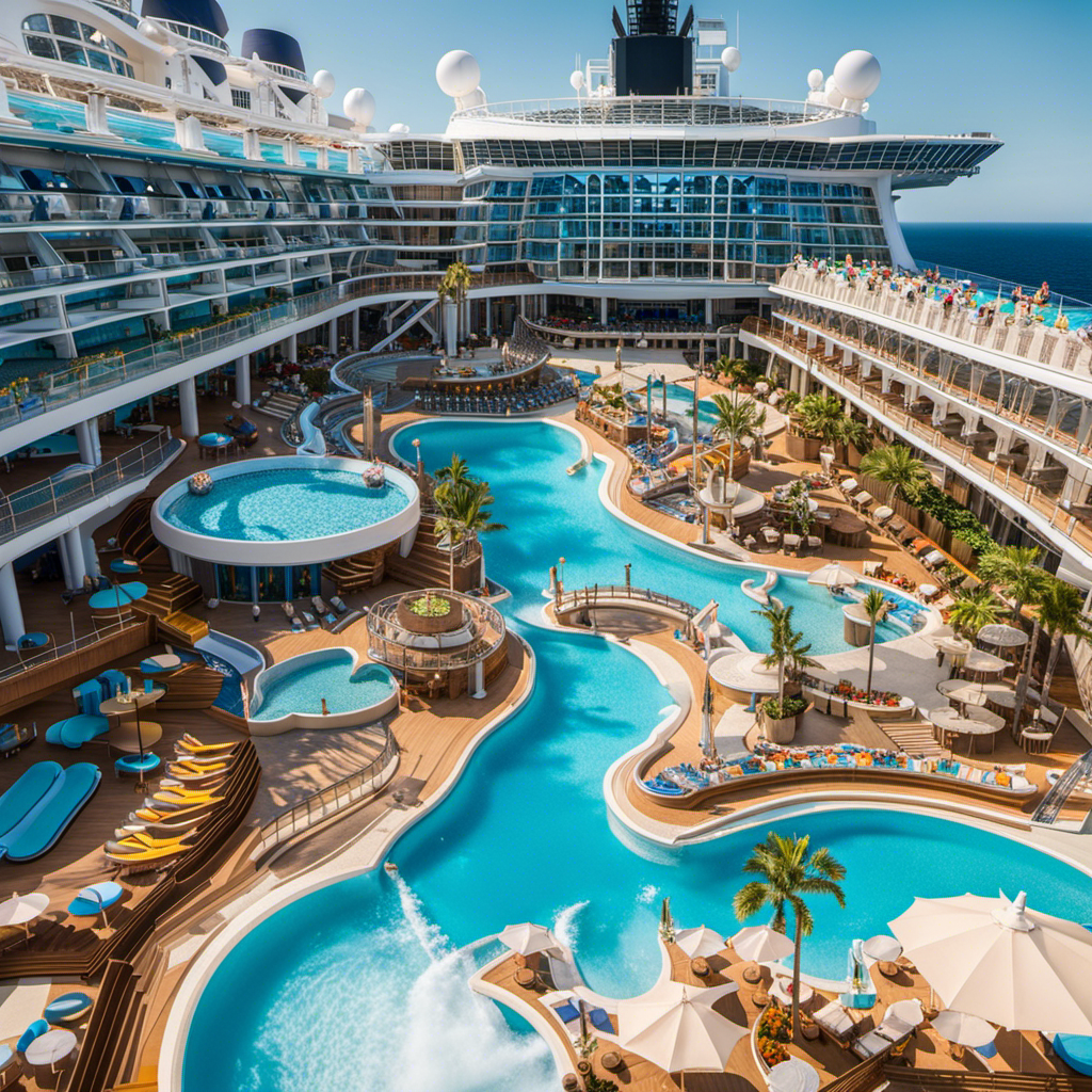 the grandeur of Symphony of the Seas: an expansive, multi-tiered pool deck, dotted with vibrant sun loungers, towering water slides, and a sprawling aqua park, all against a backdrop of endless azure vistas