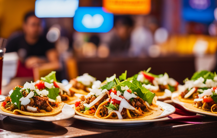 An image that captures the vibrant essence of San Miguel's culinary scene: a mouthwatering spread of sizzling tacos piled high with succulent fillings, accompanied by colorful tequila shots and surrounded by a lively backdrop of bustling markets and charming street vendors
