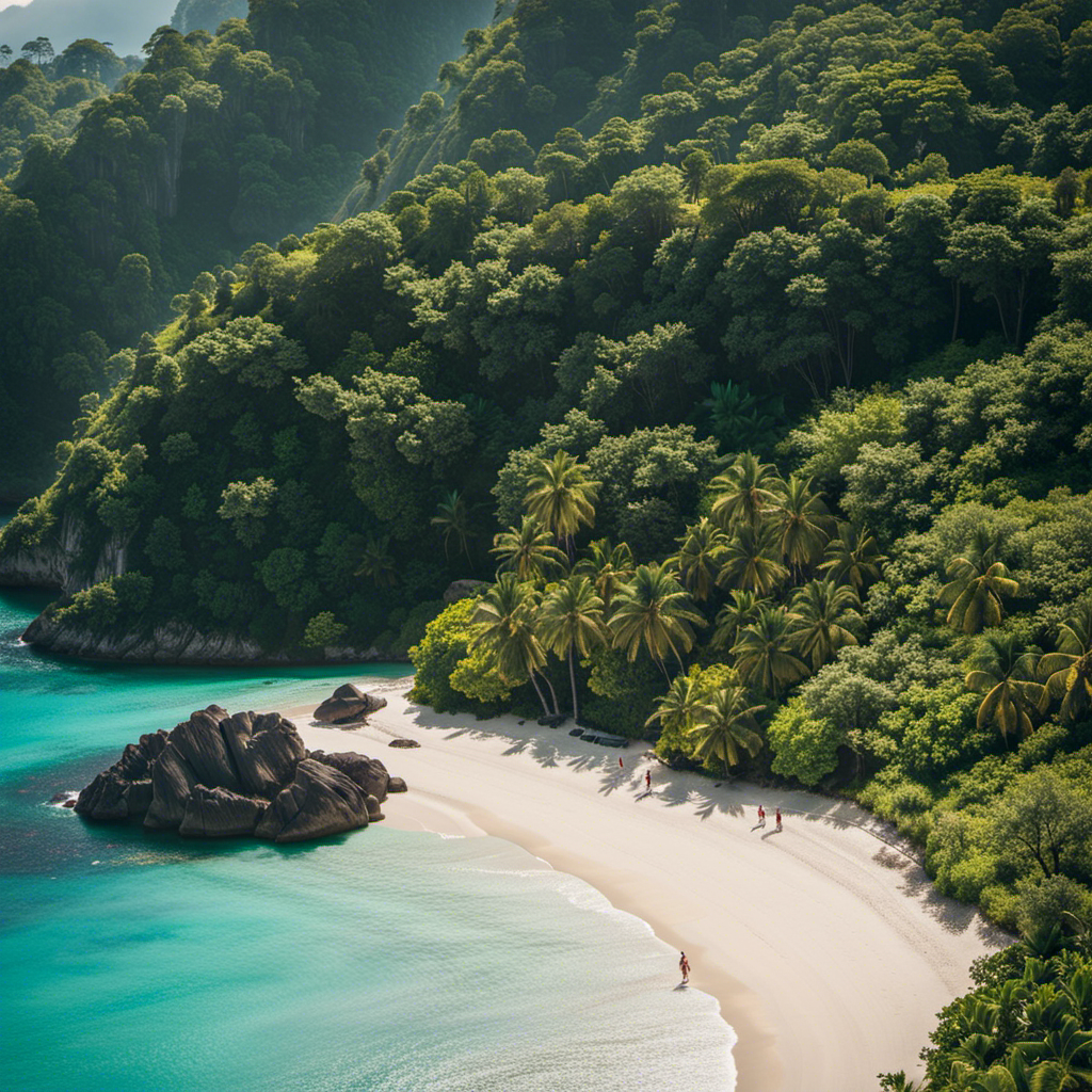 An image showcasing a couple strolling along a picturesque, secluded beach, with a private guide leading them towards a hidden cove