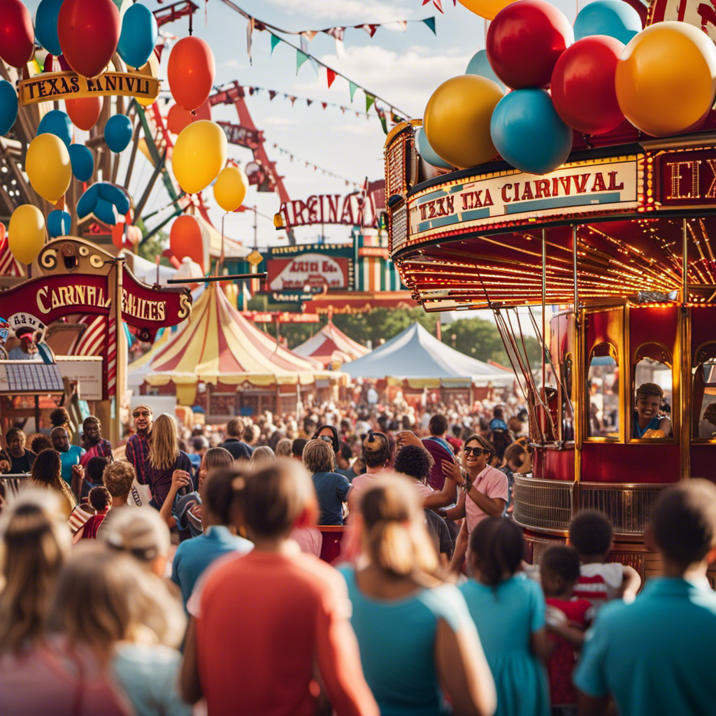 An image showcasing a bustling carnival scene in Texas, with families happily enjoying rides and games, while a prominent sign illustrates the Texas Vaccine Law - a visual representation of the law's impact on Carnival's return