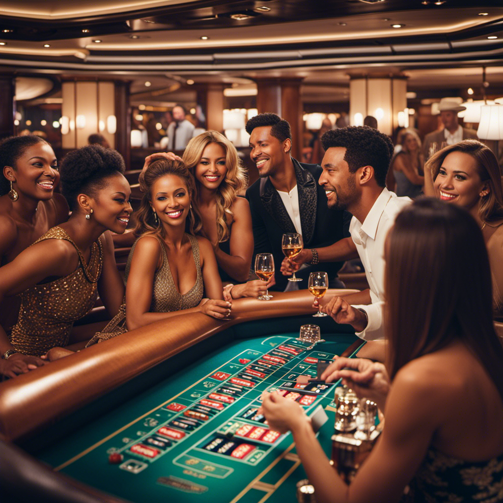 An image showcasing a group of friends on a luxurious cruise ship, effortlessly planning their activities in a spacious lounge
