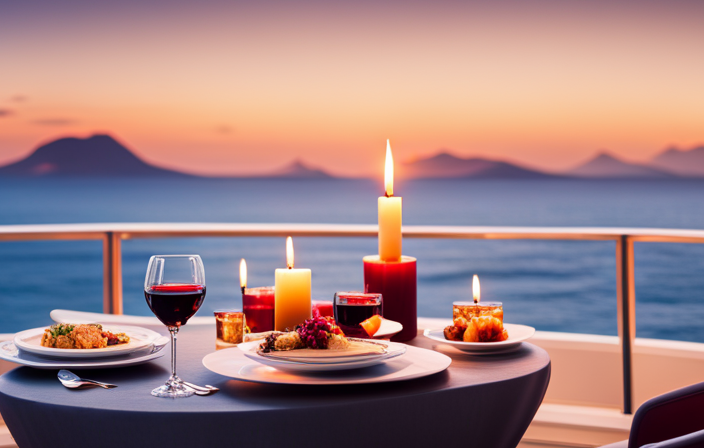 An image showcasing a candlelit dinner on a luxurious cruise ship, with a panoramic view of the sparkling ocean at sunset, emphasizing the romantic ambiance and the idyllic escape offered to couples