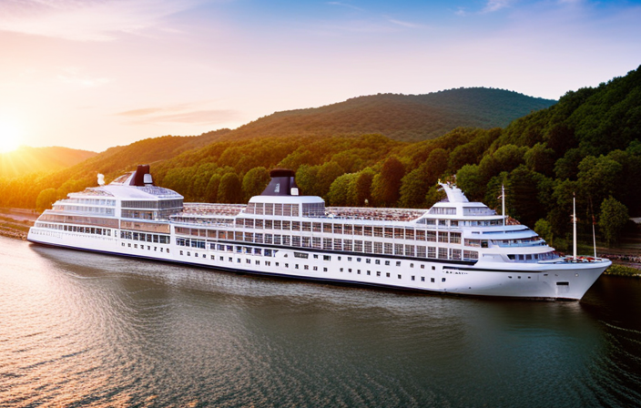 An image showcasing a luxurious river cruise ship gliding through picturesque European landscapes, adorned with elegant balconies and panoramic windows