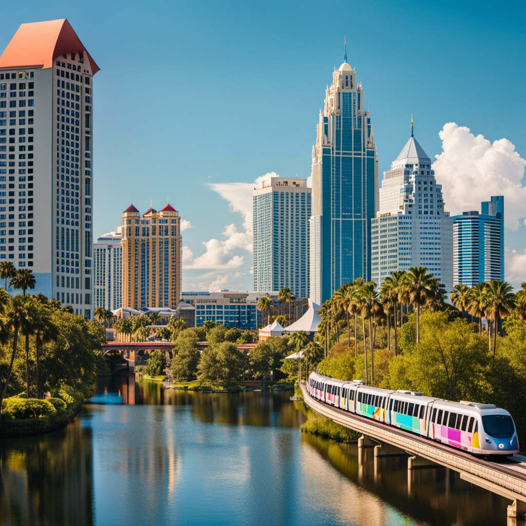 An image showcasing a sunny Orlando skyline, with a monorail gliding above, a trolley passing by palm-lined streets, and colorful rental bikes parked next to a serene lake