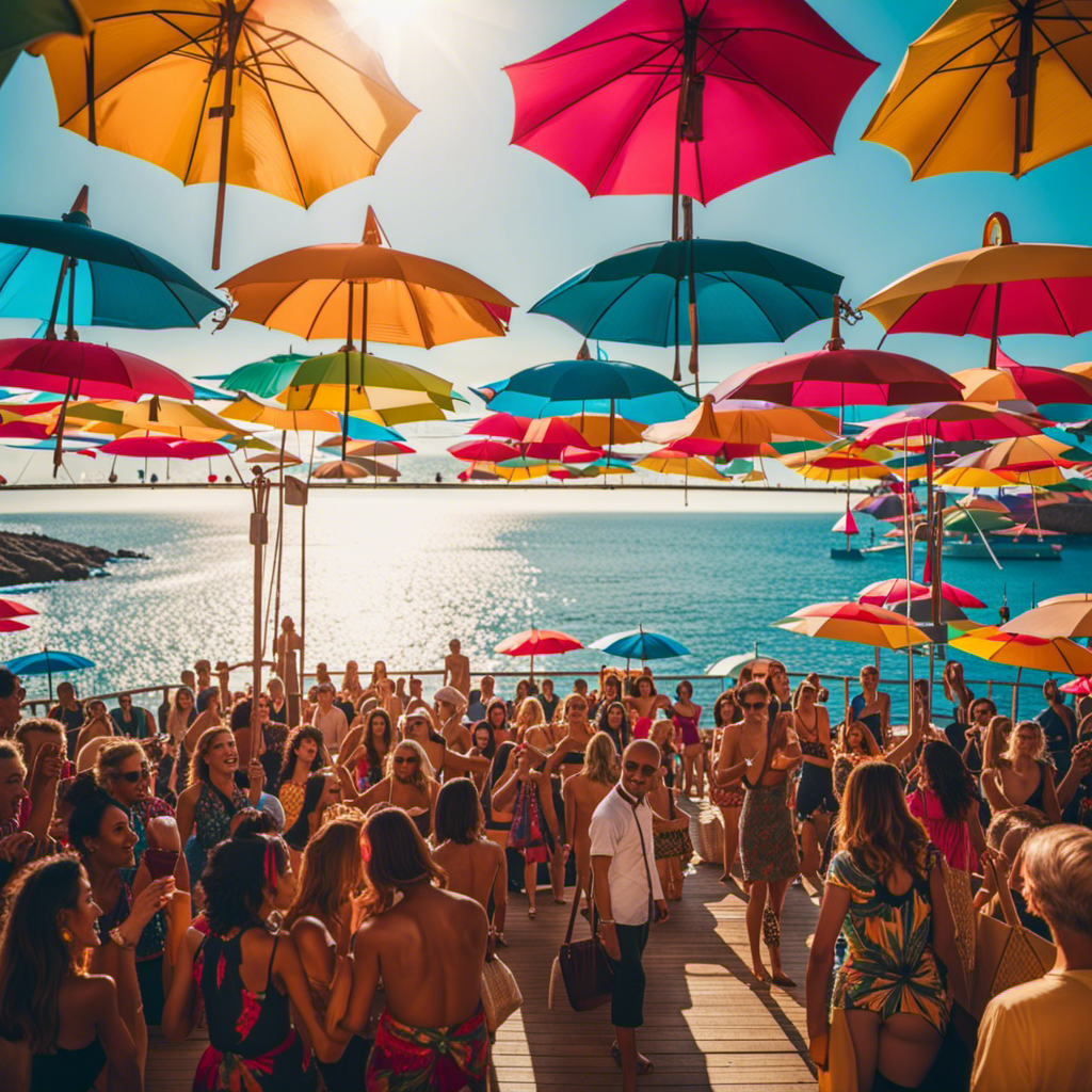 the vibrant essence of The Boaty Weekender: A kaleidoscope of colorful beach umbrellas lining the sun-kissed deck, a live band in full swing, and ecstatic music lovers dancing against a backdrop of crystal-clear Mediterranean waters