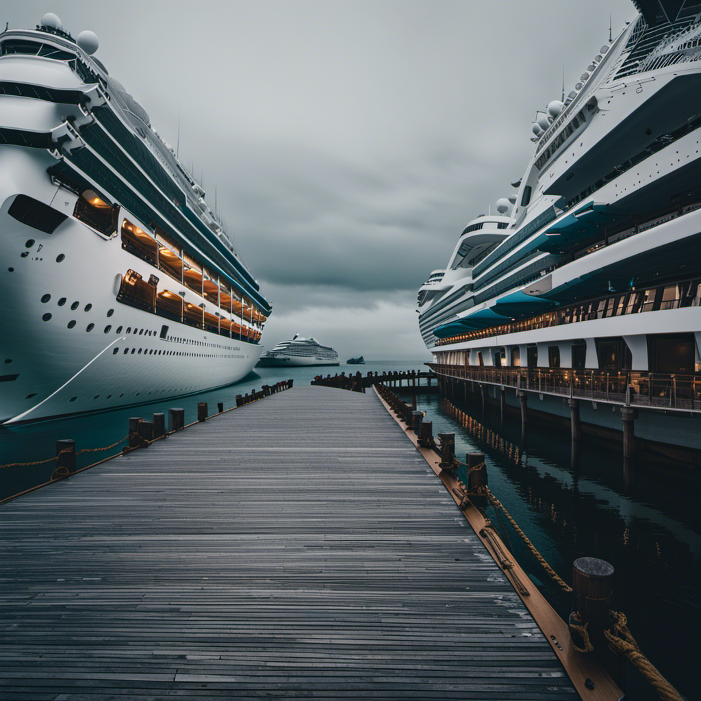 An image showcasing a deserted dock, with empty cruise ships lined up, their grandeur fading amidst a gloomy atmosphere
