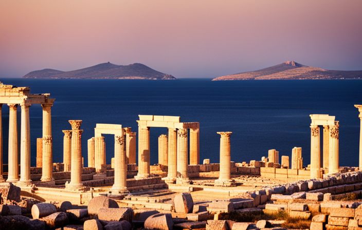 the mystique of Delos with a compelling image featuring a sun-kissed Aegean island, adorned with majestic ruins of temples, statues, and mythical creatures, evoking the awe-inspiring birthplace of gods and ancient marvels