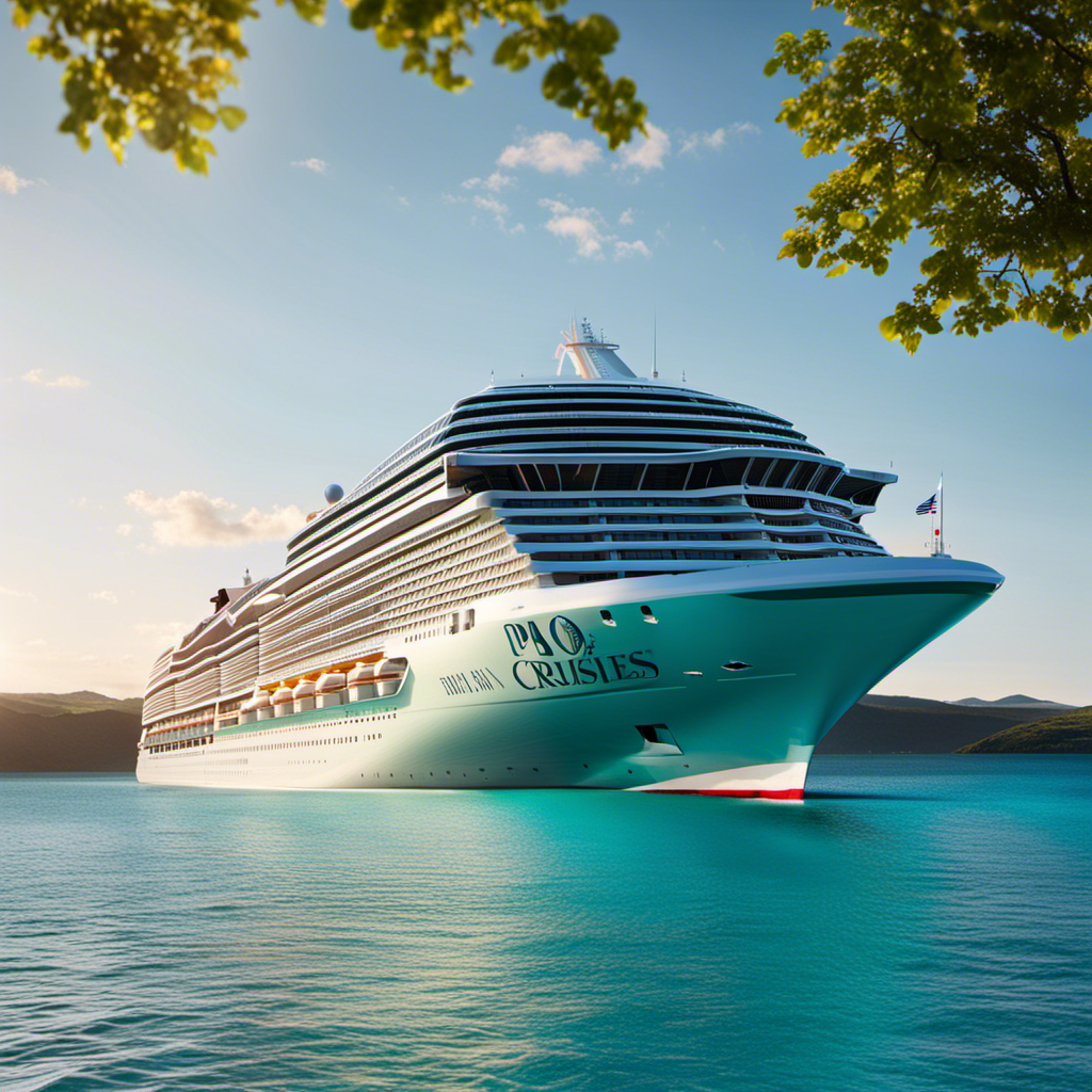 An image capturing the sleek, modern silhouette of the brand new P&O Cruises ship, Iona, adorned with lush greenery and solar panels, sailing gracefully against a backdrop of crystal-clear turquoise waters
