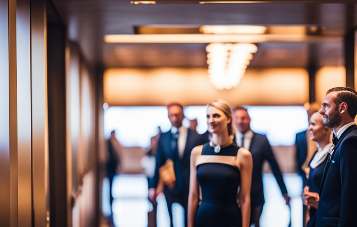 E an image capturing the essence of the Viking Star's elevator experience: a serene atmosphere with passengers discreetly gliding through levels, while stunning artworks adorning the walls remain unnoticed, awaiting discovery