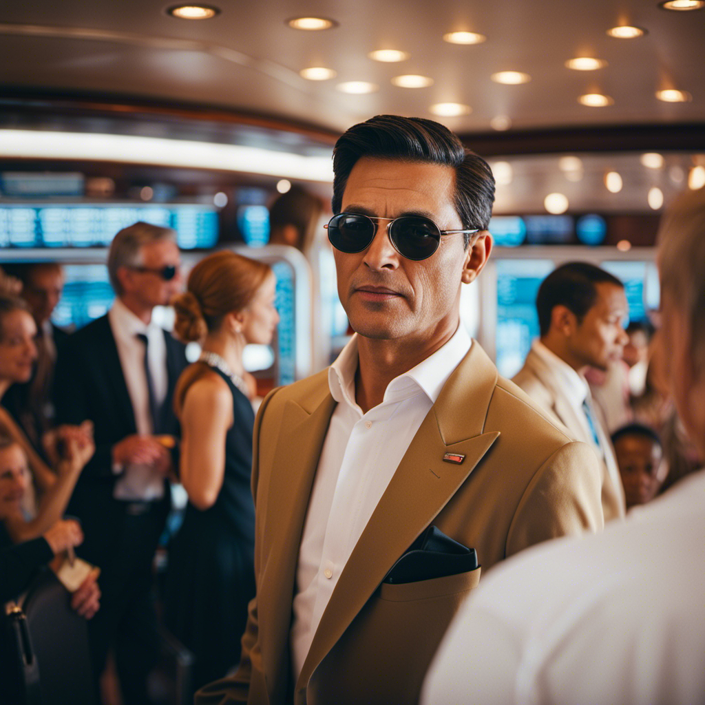An image showcasing a poised, professional purser on a bustling cruise ship, effortlessly managing a line of passengers, while exuding an air of approachability and attentiveness to their needs