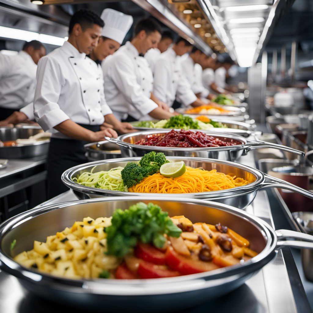 An image that showcases the bustling and meticulously organized cruise ship galley, with skilled chefs preparing an array of delectable dishes amidst gleaming stainless steel countertops, vibrant ingredients, and the aroma of culinary delights filling the air