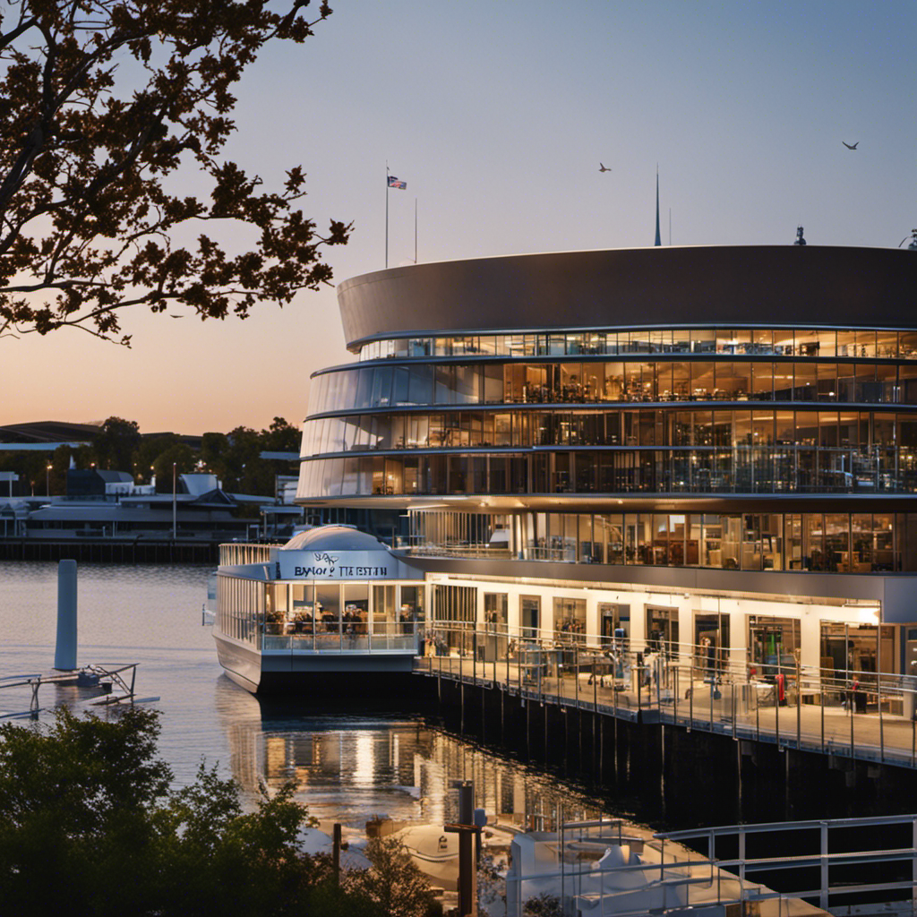 Create an image capturing the journey of Bayport Cruise Terminal's evolution, showcasing its transformation from a humble waterfront structure to a bustling hub of modern architecture, adorned with sleek lines, panoramic glass facades, and vibrant activity