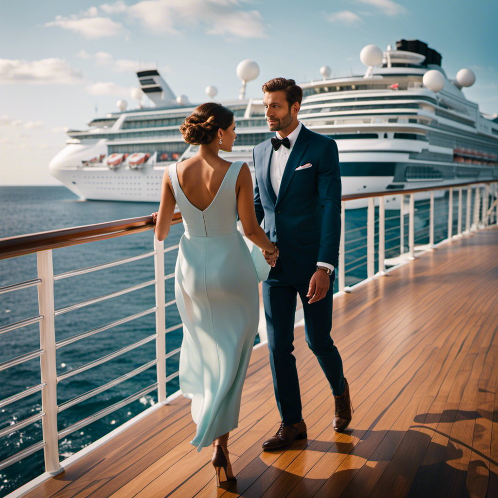 An image showcasing a stunning ocean backdrop with a fashionable couple strolling on the deck of a luxurious cruise ship