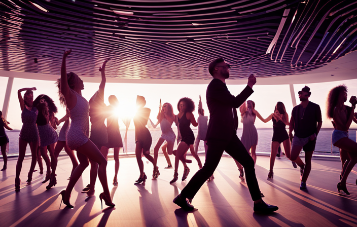 An image showcasing a vibrant dance floor aboard a modern cruise ship, pulsating with energy as passengers groove to the beats of Diplo's electrifying performance at Virgin Voyages' Beach Club