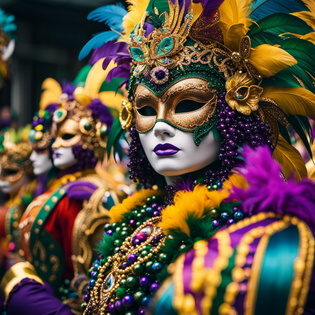 A visually captivating image showcasing the transformation of Mardi Gras over time: a resplendent, opulent parade float adorned with intricate feathered masks, glittering beads, and extravagant costumes, juxtaposed against a simpler, vintage float from the past