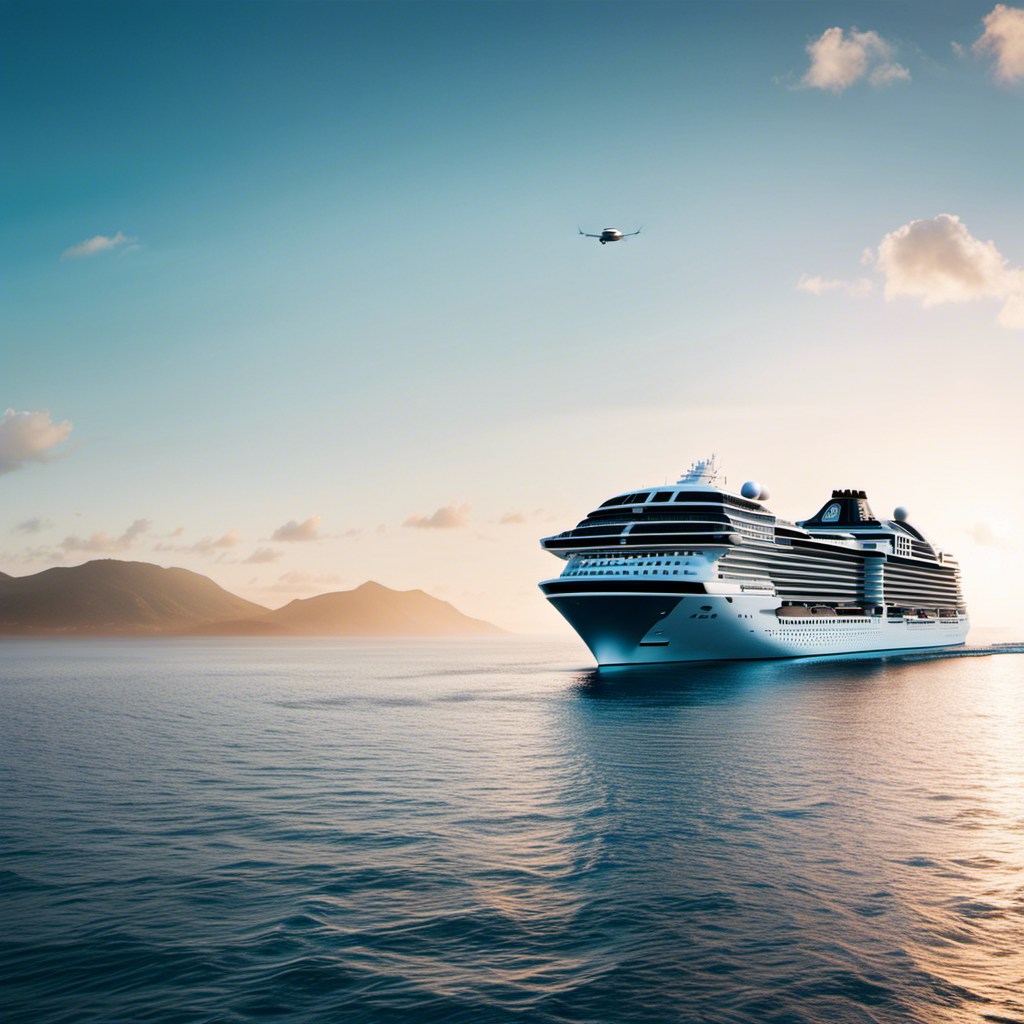 An image depicting a sleek and futuristic MSC cruise ship gliding through a stunning azure ocean, accompanied by floating drones capturing breathtaking footage of onboard innovations, captivating the essence of the cruise industry's future