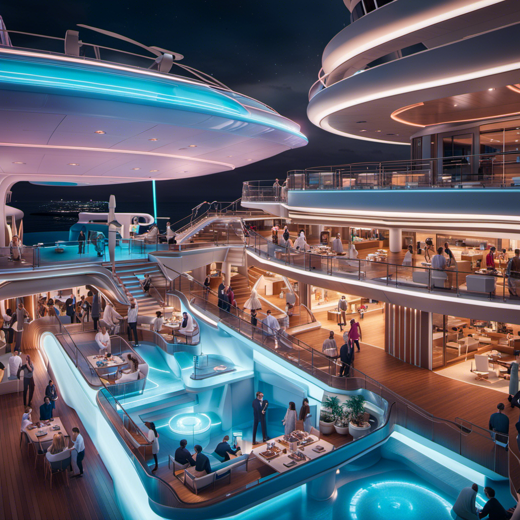 An image showcasing a futuristic cruise ship equipped with advanced safety features like thermal scanning stations, touchless check-ins, and AI-powered cleaning robots, while passengers enjoy open-air dining and socially distanced recreational activities