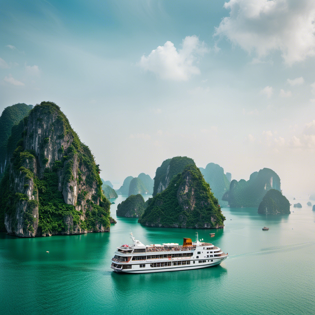 An image showcasing a luxurious cruise ship sailing through the iconic Halong Bay in Vietnam, surrounded by towering limestone islands, vibrant emerald waters, and traditional Vietnamese fishing boats