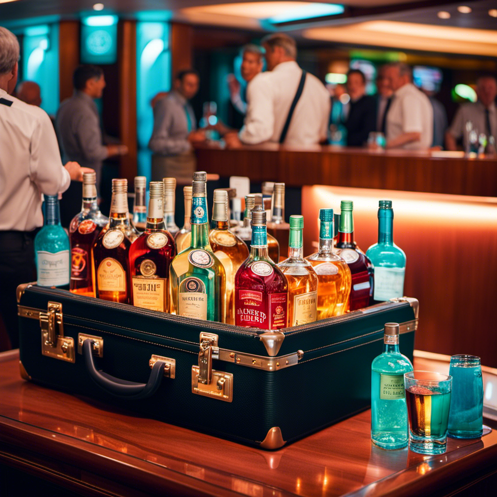 An image featuring a suitcase overflowing with confiscated alcohol bottles, surrounded by stern-faced security personnel aboard a cruise ship