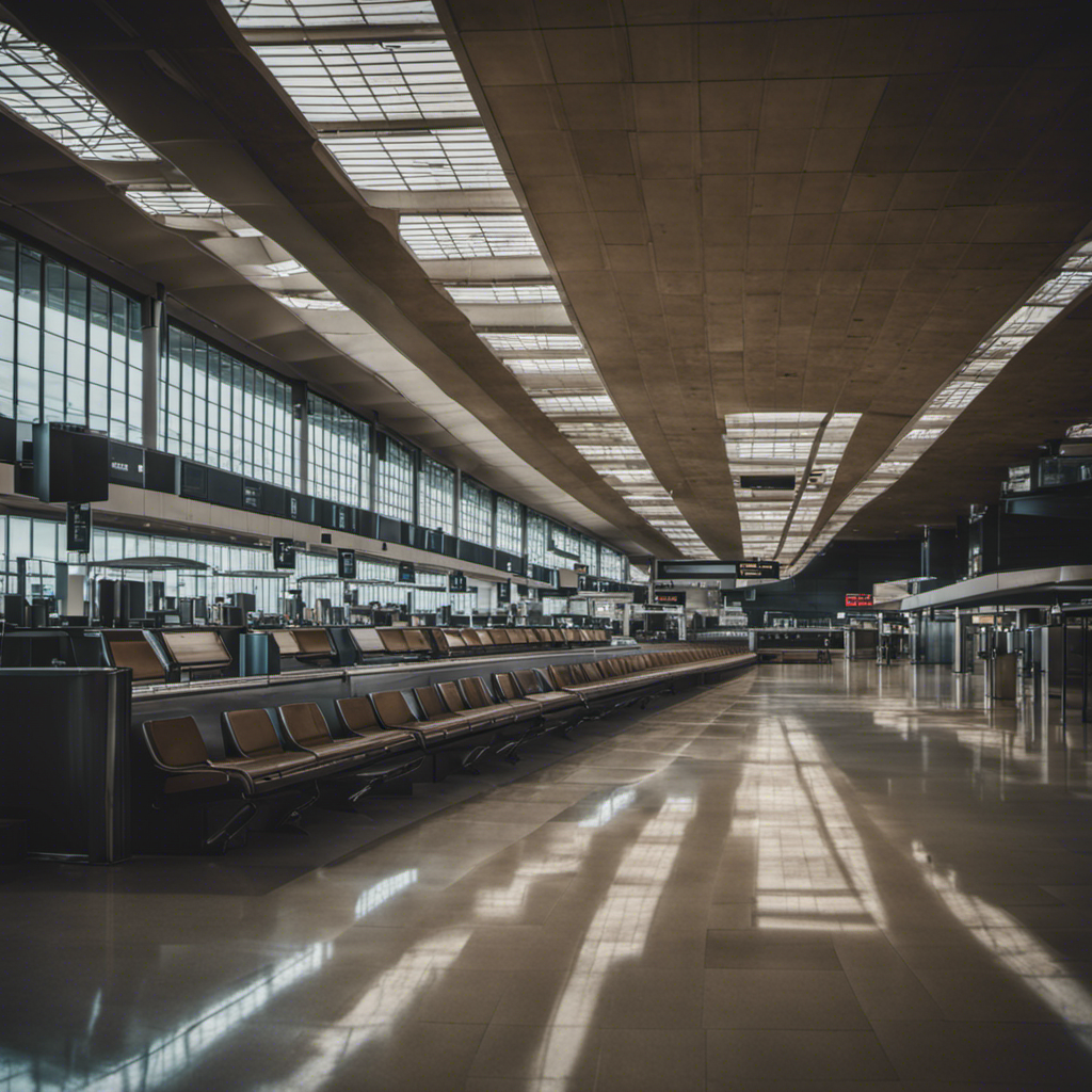 An image capturing a deserted airport terminal, with empty check-in counters, abandoned luggage carts, and an eerie stillness, symbolizing the profound effect of the current situation on travel bookings and behavior