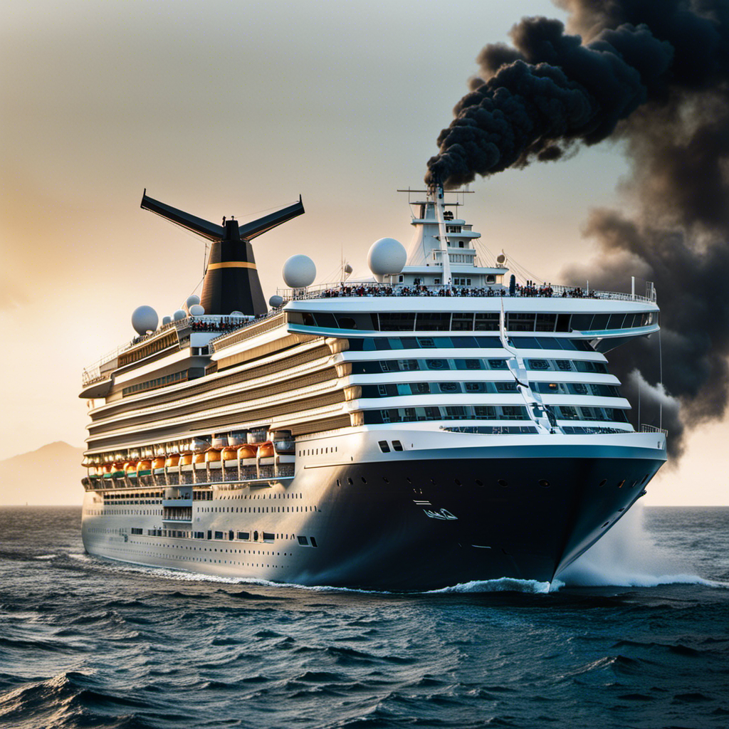 An image depicting a cruise ship sailing through choppy waters, with billows of smoke spewing from its funnel
