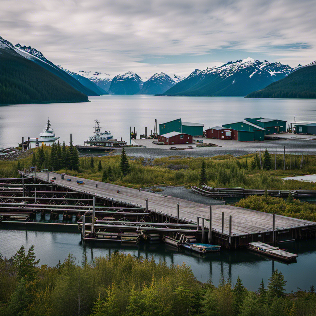 An image showcasing a deserted Alaskan port, with empty docks stretching into the distance, surrounded by pristine wilderness