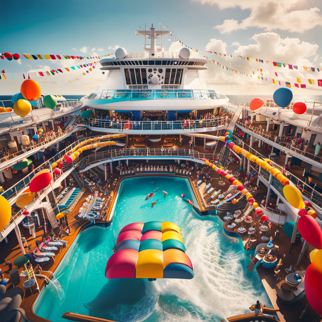An image showcasing a bustling cruise ship with vibrant music-themed elements; a live band performing on an open deck, passengers dancing in colorful attire, and music notes floating in the air, capturing the electrifying impact of music-themed cruises on the cruise industry