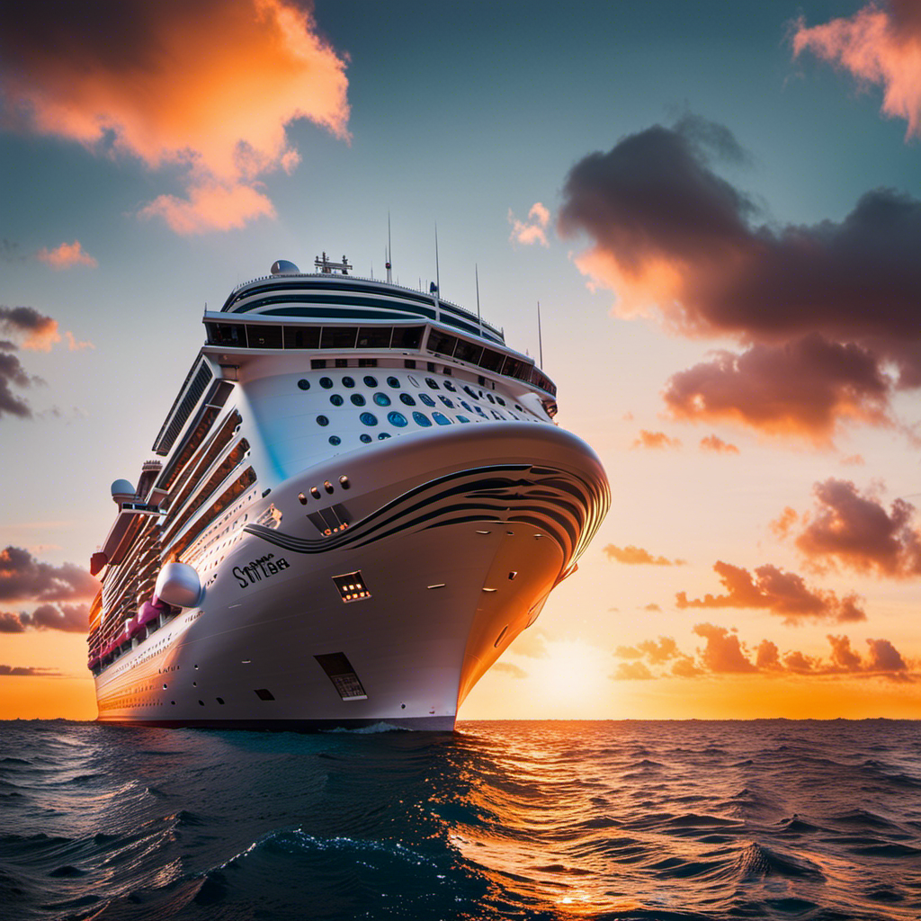 An image showcasing a cruise ship sailing through a vibrant sunset, capturing the essence of Andy Stuart's pioneering leadership at Norwegian Cruise Line