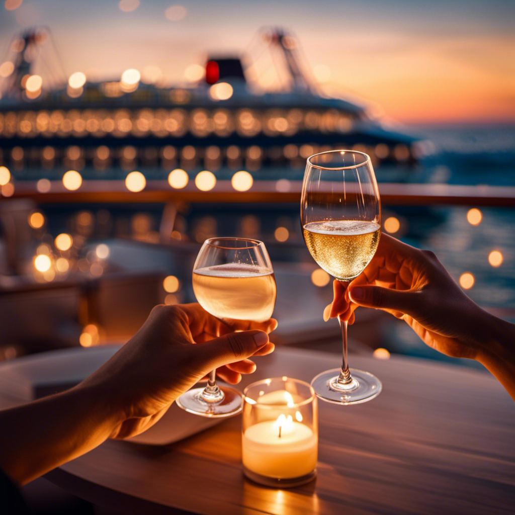 An image showcasing a sun-kissed deck adorned with cozy, candlelit tables for two, where couples clink champagne glasses under a star-studded sky, amidst the backdrop of a gleaming cruise ship