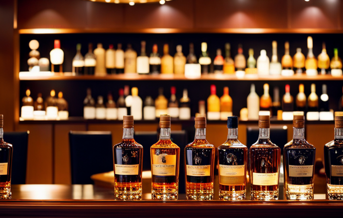 An image showcasing an elegant, dimly-lit whisky and rum tasting room onboard an Oceania Cruise ship