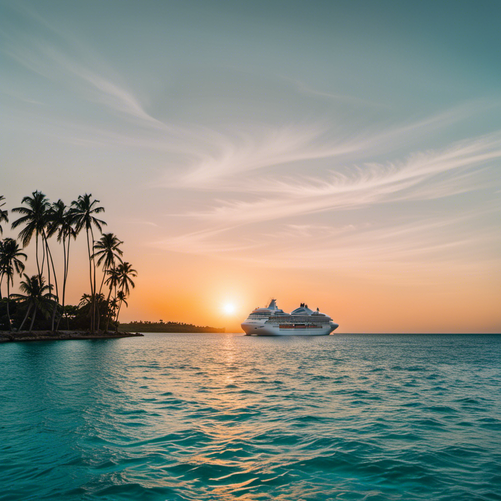 An image showcasing a breathtaking sunset over calm, turquoise waters, with a luxurious cruise ship gliding gracefully through the horizon