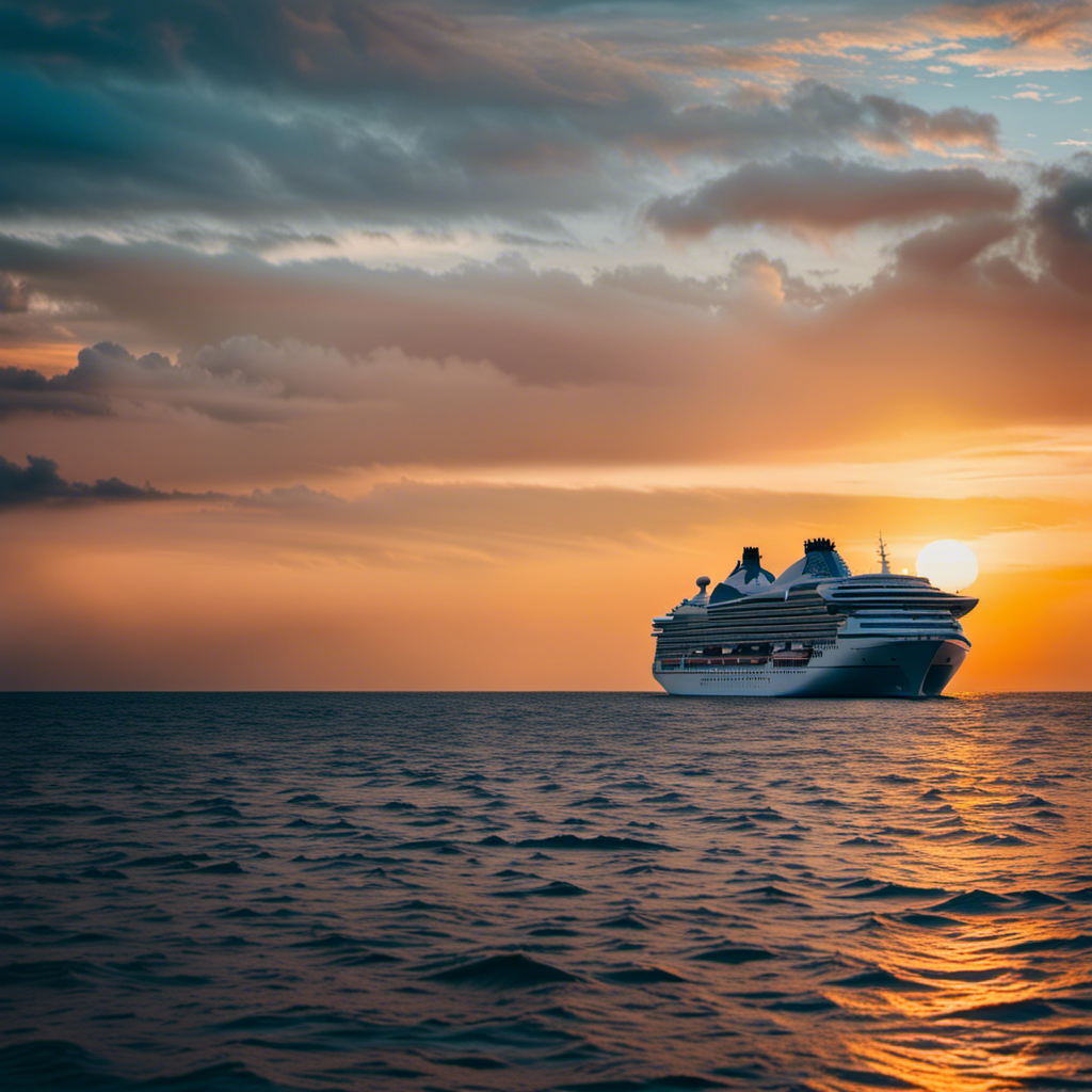 An image depicting a serene ocean sunset, with a majestic cruise ship on the horizon, symbolizing the potential revival of the cruise industry