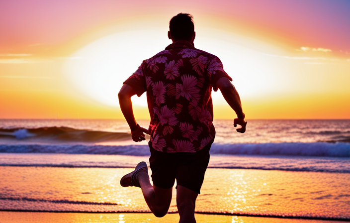 An image showcasing a triumphant athlete, wearing a vibrant Hawaiian shirt, running on a tropical beach at sunset