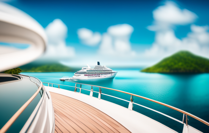 An image that showcases a small cruise ship navigating through pristine turquoise waters, surrounded by breathtaking landscapes