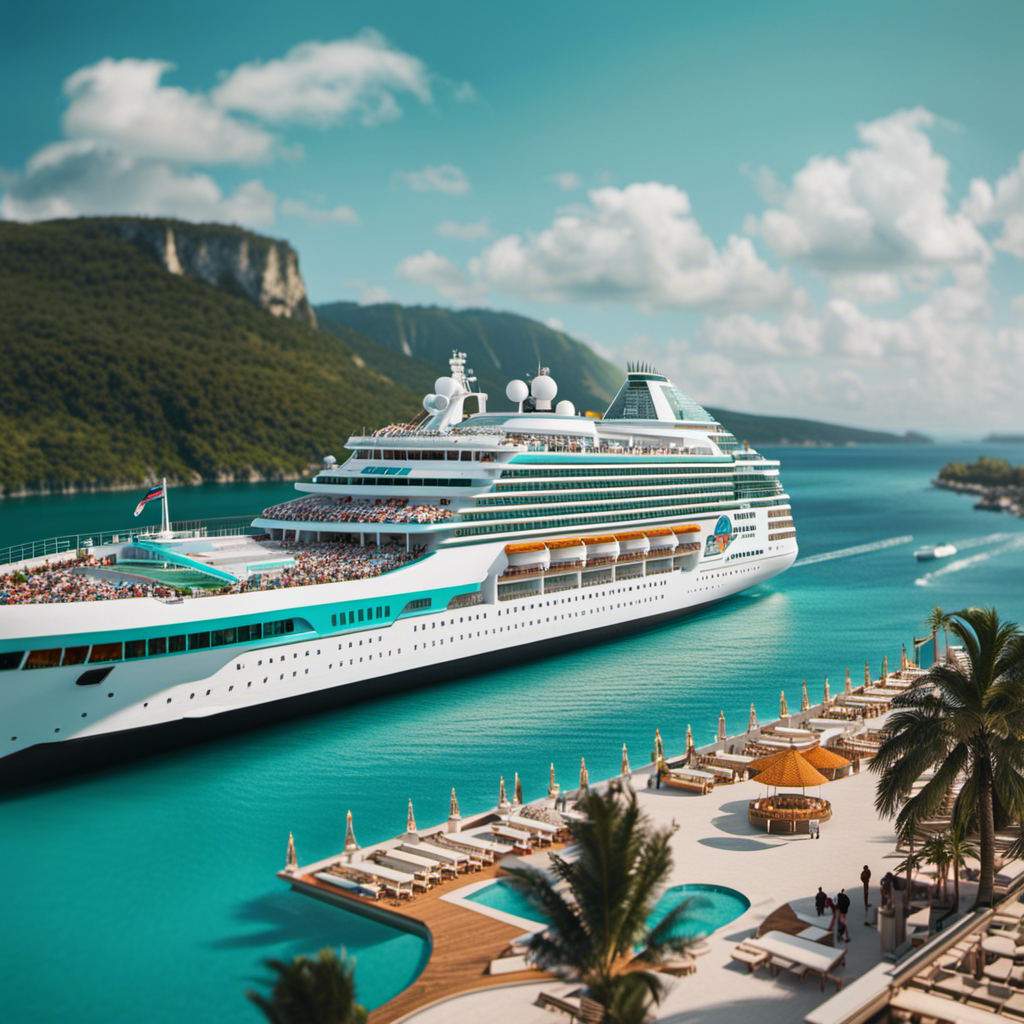 An image showcasing a gleaming cruise ship sailing triumphantly on turquoise waters, with smiling passengers lounging on sun-drenched decks, while in the background, futuristic ports brim with anticipation and grandeur