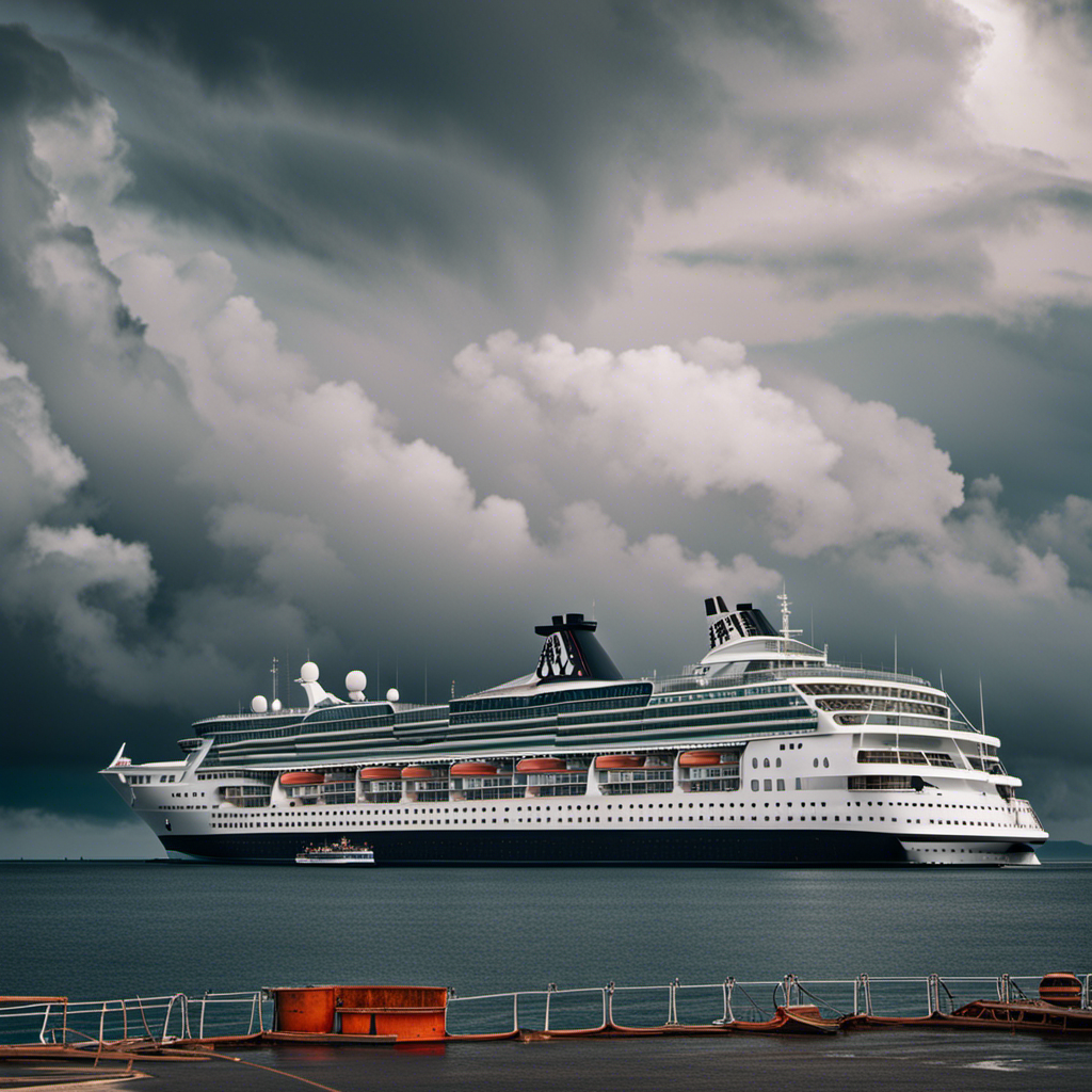 An image depicting a deserted cruise ship docked at a desolate port, with gloomy clouds overhead
