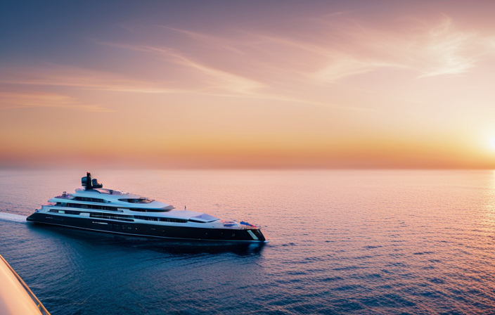 E of the luxurious Ritz-Carlton Yacht, sailing gracefully amidst the sparkling Mediterranean Sea at sunset