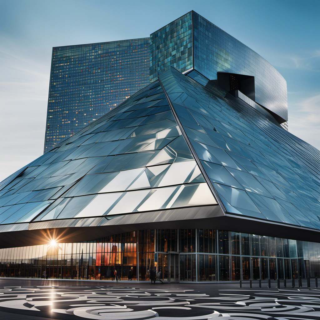 An image showcasing the iconic Rock & Roll Hall of Fame: a striking architectural masterpiece with a shimmering glass facade, reflecting the vibrant energy of music history