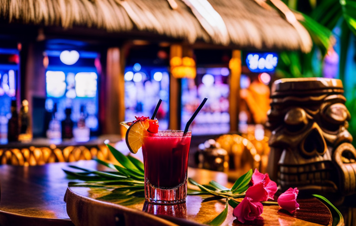 An image of a lush tropical oasis, with vibrant palm trees swaying in the breeze, a thatched-roof tiki bar adorned with exotic flowers, and a group of elegantly decayed, yet regal, zombie patrons enjoying The Bamboo Room's Royal Zombie cocktail