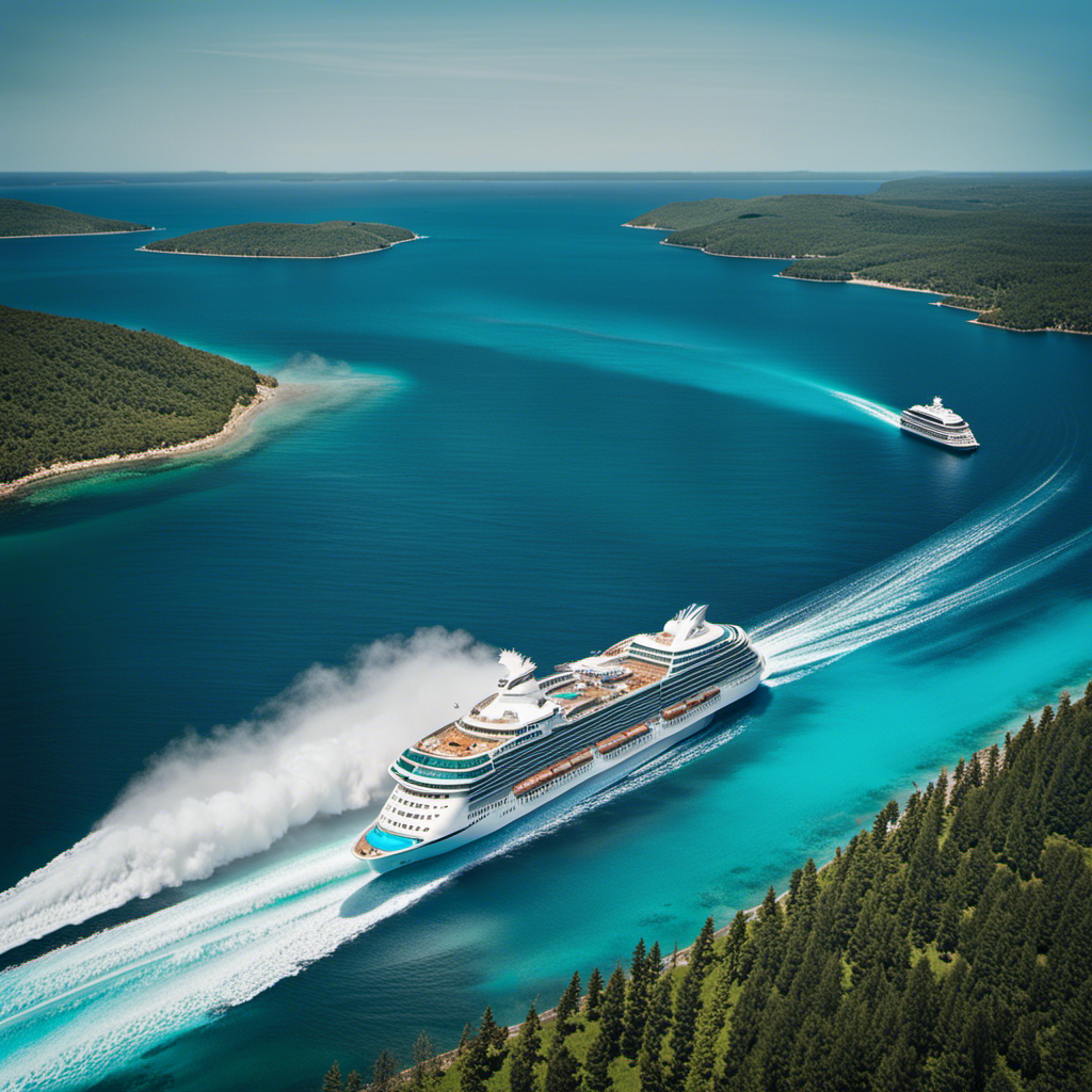 An image capturing the exhilarating sight of a colossal cruise ship slicing through the cerulean waters, leaving a magnificent spray in its wake, as it effortlessly cruises towards the horizon at astonishing speed