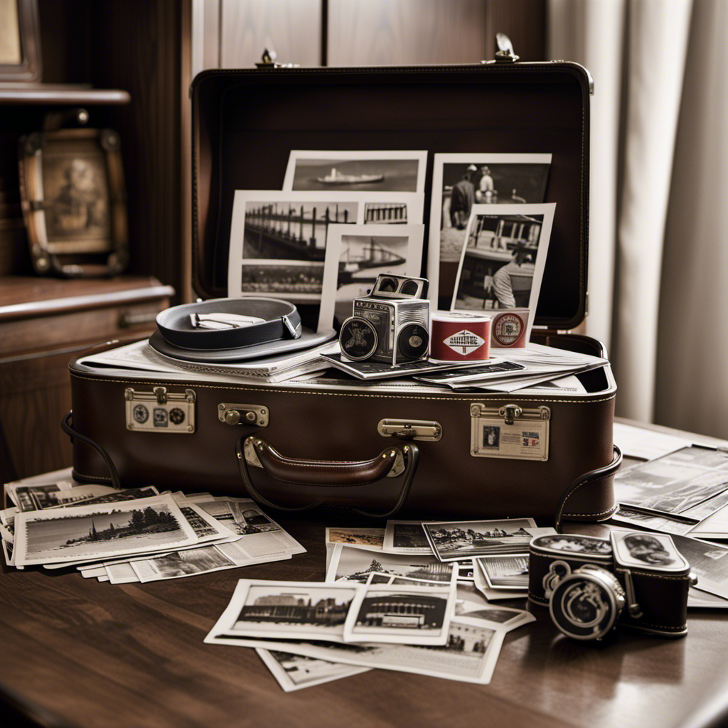 An image capturing the essence of the United States Lines' archives: a vintage suitcase adorned with faded travel stickers, surrounded by black-and-white photographs, postcards, and steamship memorabilia, evoking the timeless allure of cruising