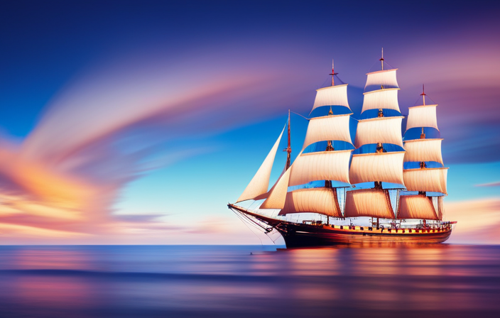 An image capturing the majestic sight of a tall ship, its towering masts adorned with billowing white sails, gliding through a sparkling azure sea, evoking a sense of awe, freedom, and endless possibilities