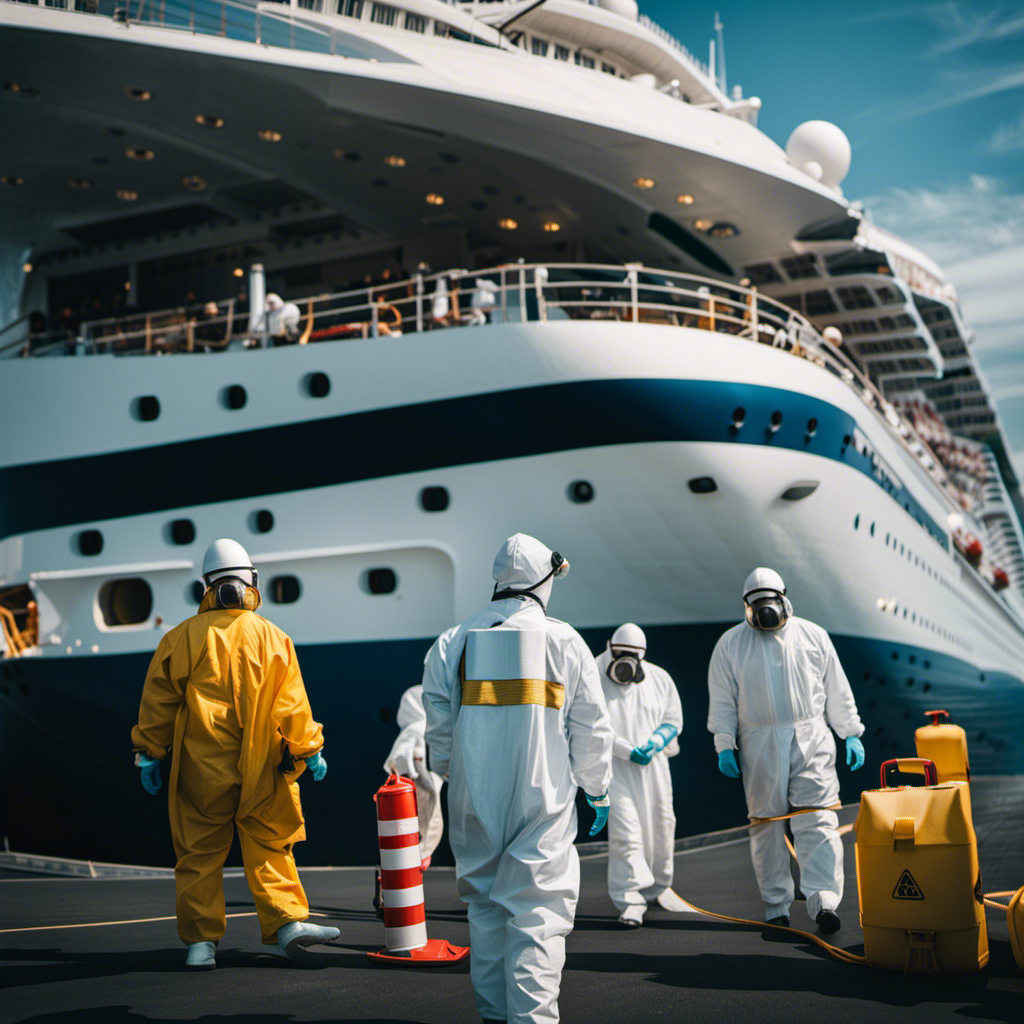 An image that captures the unsettling contrast of a serene, luxurious cruise ship setting against the chaos of disinfection crews in hazmat suits, emphasizing the hidden truth about cruise ship illnesses