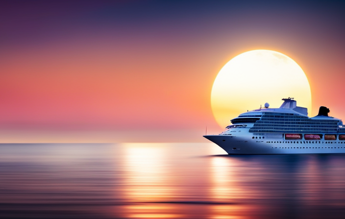 An image showing a calm, moonlit ocean with a majestic cruise ship sailing smoothly, contrasting against a vividly colored mythological sea creature fading into the depths, debunking the misconceptions of falling off a cruise ship