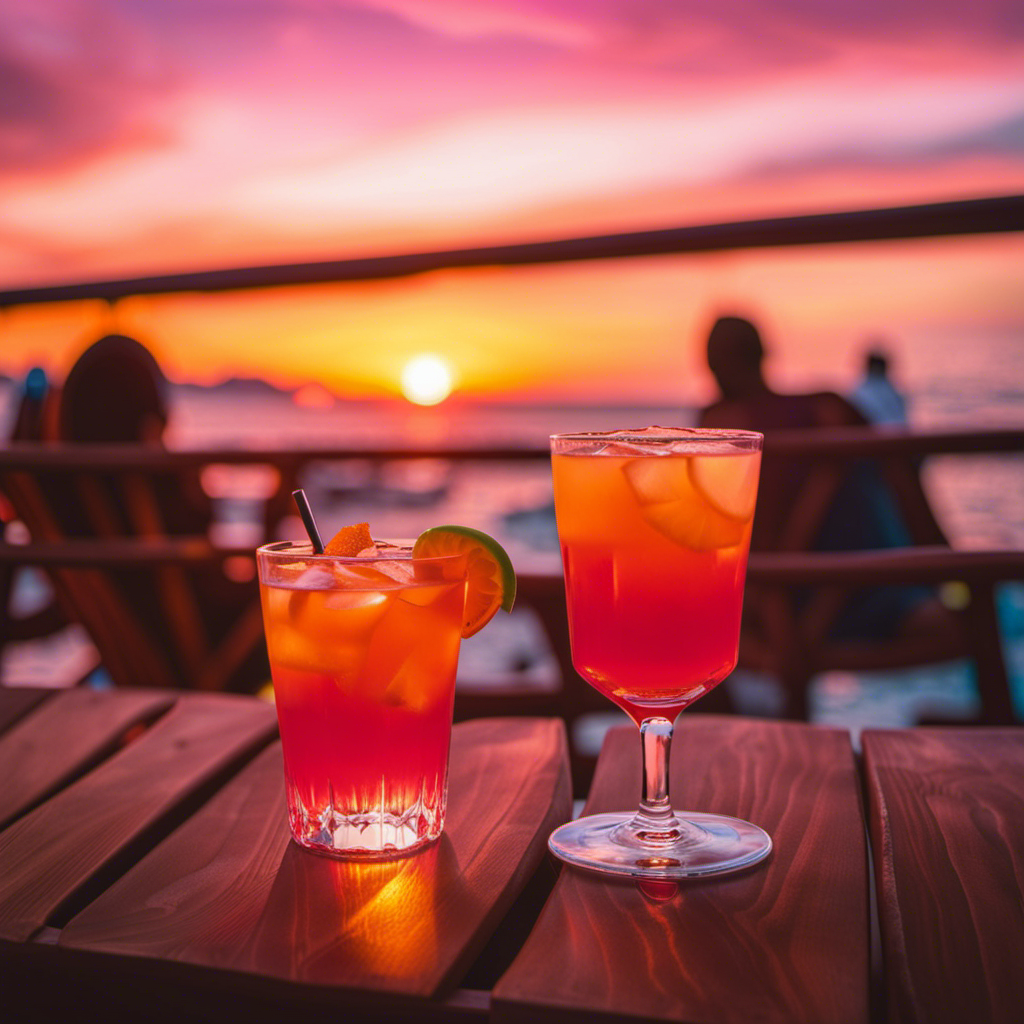 An image capturing the vibrant scene on deck as sun-kissed travelers lounge on cozy deck chairs, savor tropical cocktails, and watch the blazing sunset paint the sky with hues of fiery orange and golden pink