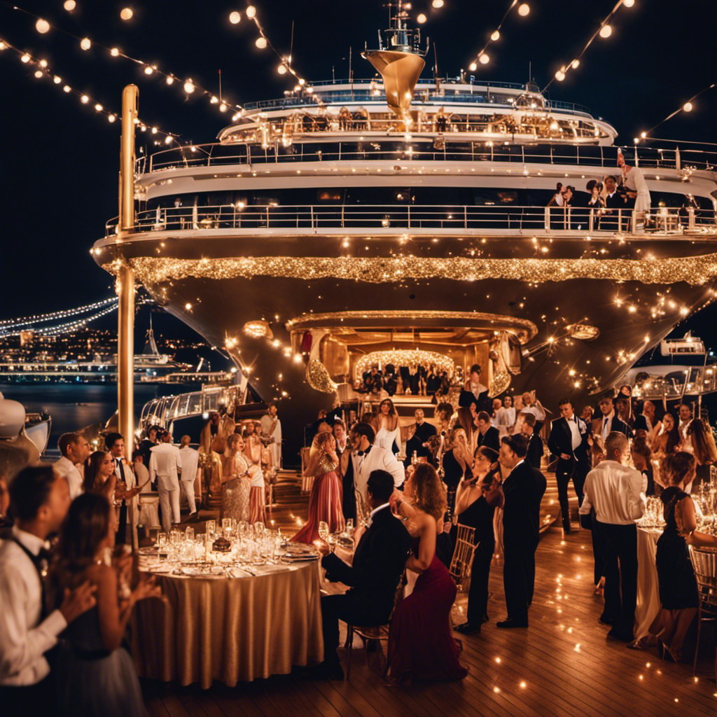 An image showcasing a luxurious cruise ship deck adorned with twinkling lights and elegant decorations