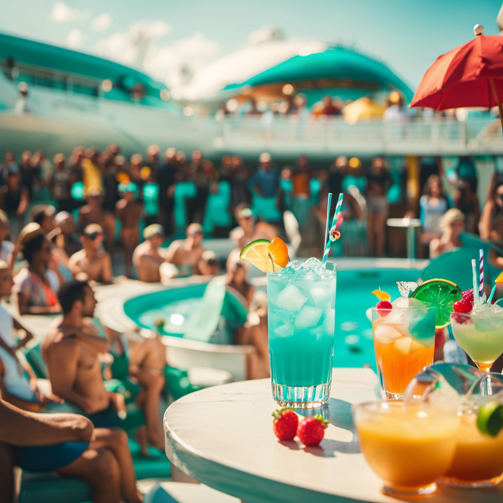 An image showcasing a vibrant poolside bar with bartenders juggling colorful cocktail shakers, surrounded by sun-kissed passengers sipping exotic drinks adorned with tiny umbrellas, as a majestic cruise ship sails through turquoise waters in the background