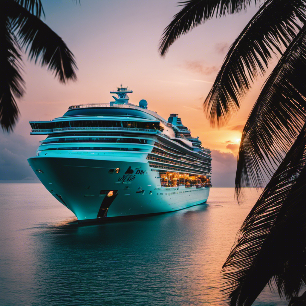 An image showcasing a luxurious cruise ship sailing through crystal-clear turquoise waters, surrounded by palm-fringed white sandy beaches, while guests relax in infinity pools, sipping tropical cocktails beneath a vibrant sunset